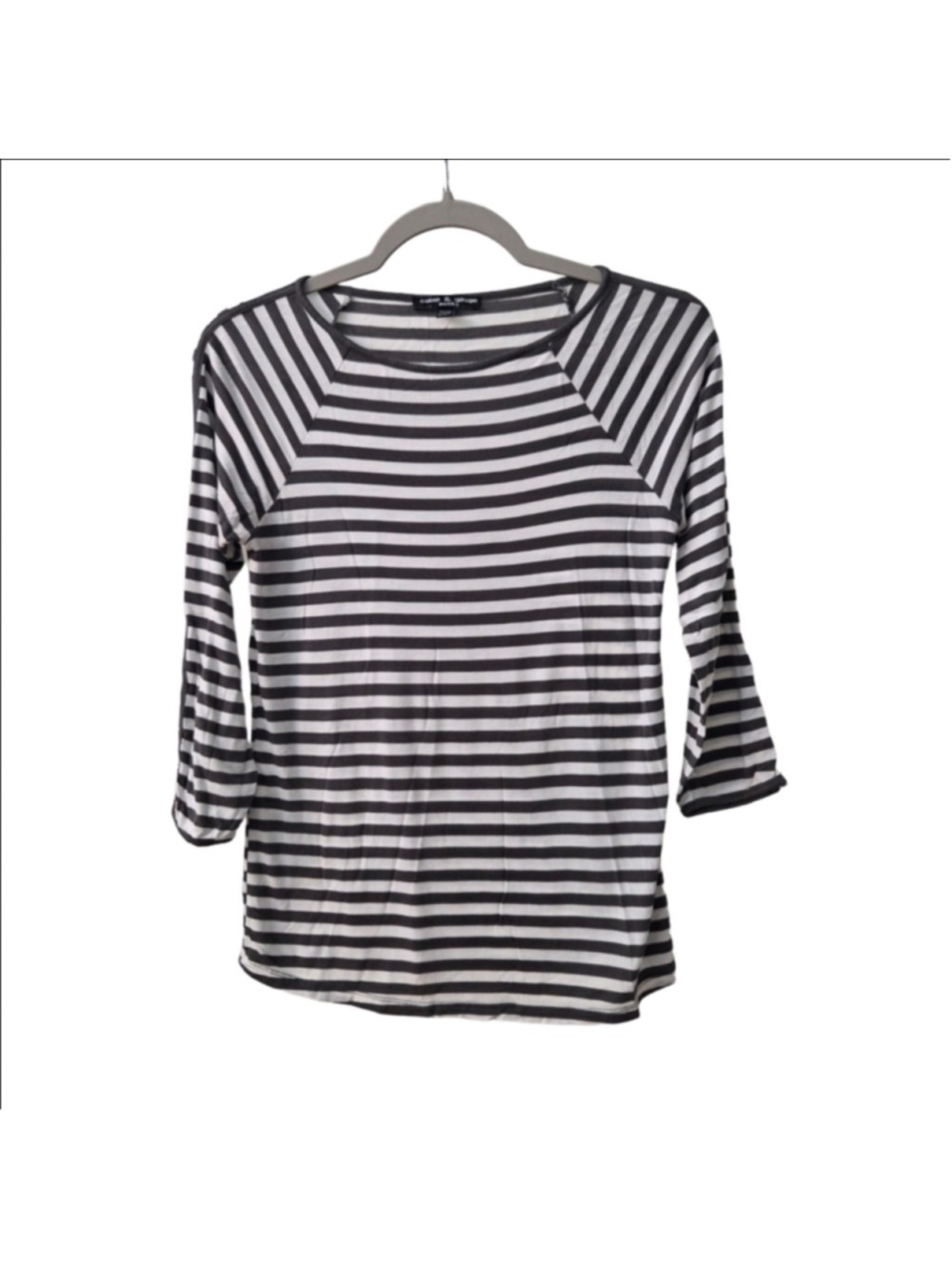 Cable & Gauge Petite Striped 3/4 Sleeve Button Cuff Top PS Gray